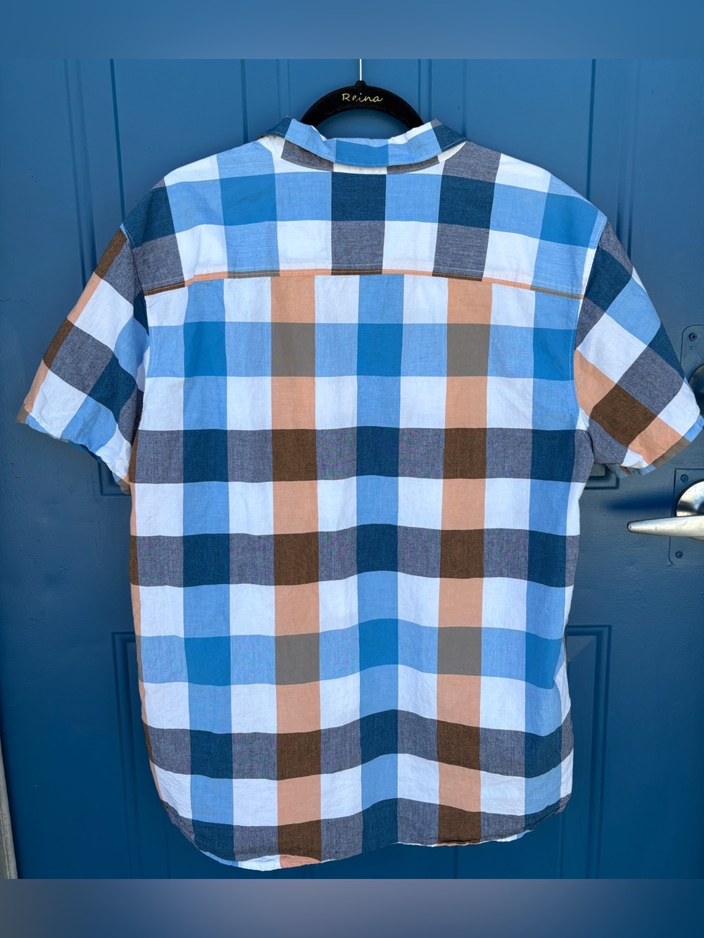Columbia Men’s Short Sleeve Plaid Button-Up - Blue, Brown & White - Picture 10 of 16
